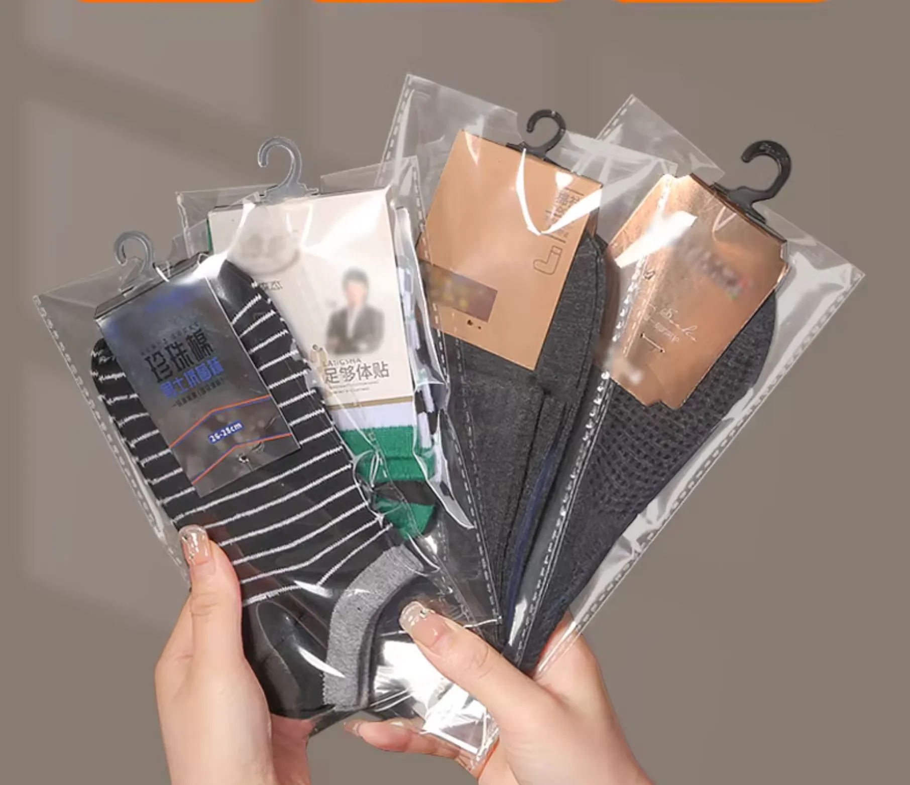 Plastic packaging bags for socks in different sizes