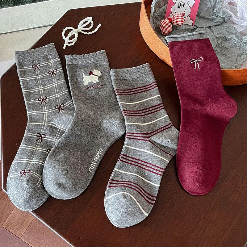 Grey & Red Bow Puppy Crew Socks